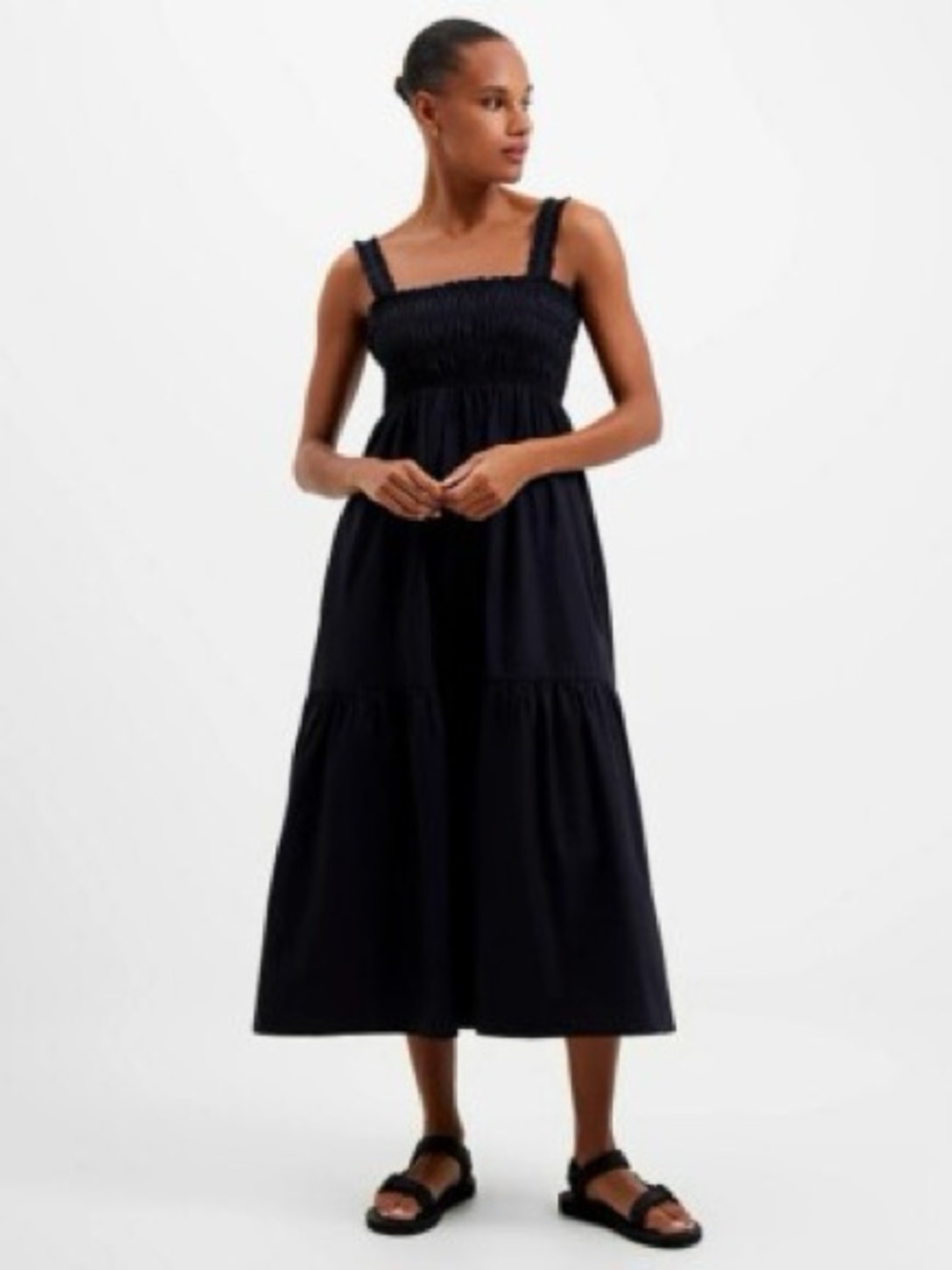 French Connection Ezeke Smocked Tiered Cotton Sun Dress in Black